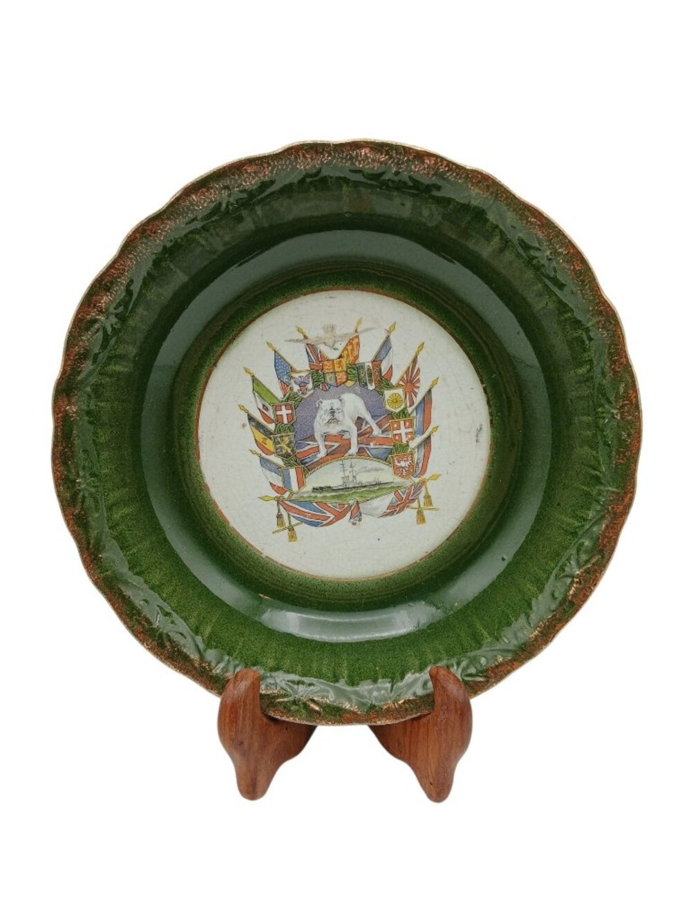 Antique WWI Commemorative Bulldog Bowl 10" Green Transferware Ceramic Dish